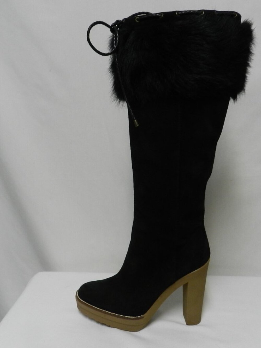 Ralph Lauren Collection Tall Suede Fur Trim leather lined heeled boots Size 7.5